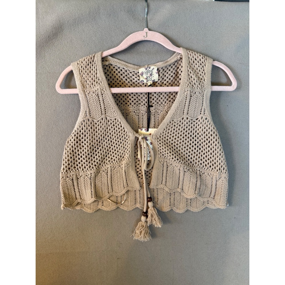 Hippie Rose Sand Stone Crochet Tassel Tie Front Cropped Vest 4T01859 Small NEW